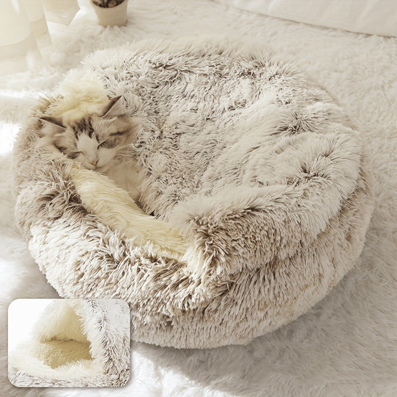 Cozy Luxurious Plush Donut Pet Bed - Hooded, Non-Slip Bottom, Easy to Clean - for Cats & Small Dogs, Perfect for Winter Comfort