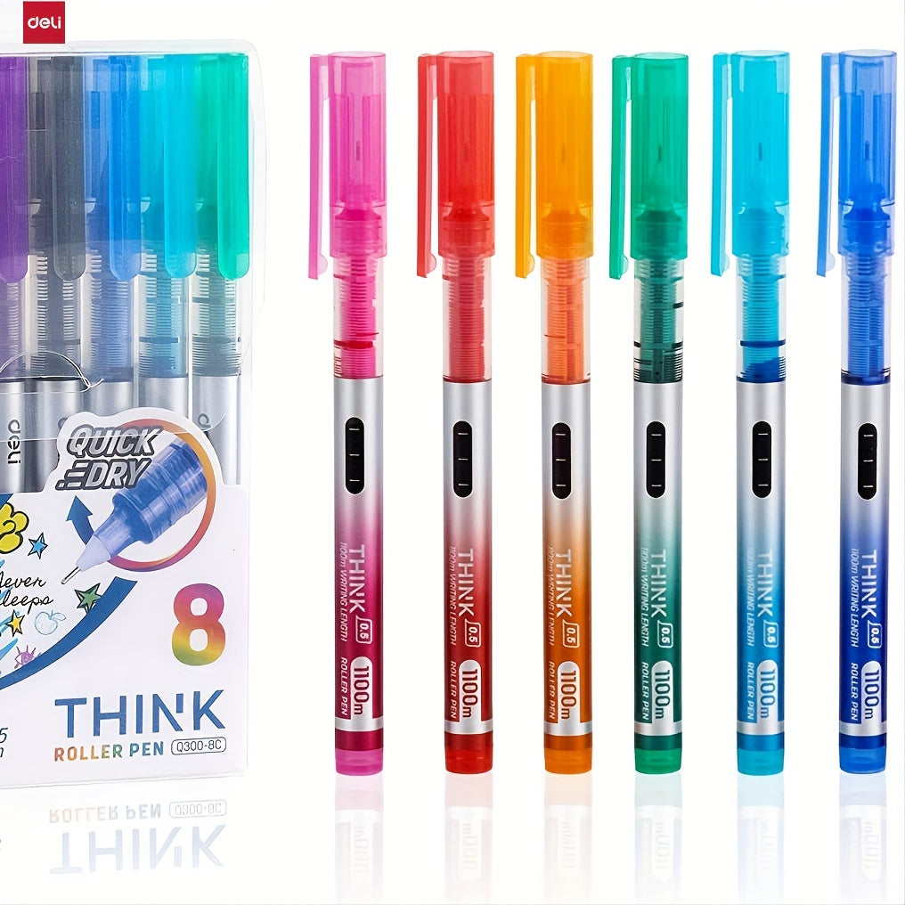 Deli 8 Pieces Rolling Ball Pens, Quick-Drying Ink 0.5 mm Extra Fine Point Pens Liquid Ink Pen Rollerball Pens Multicolor