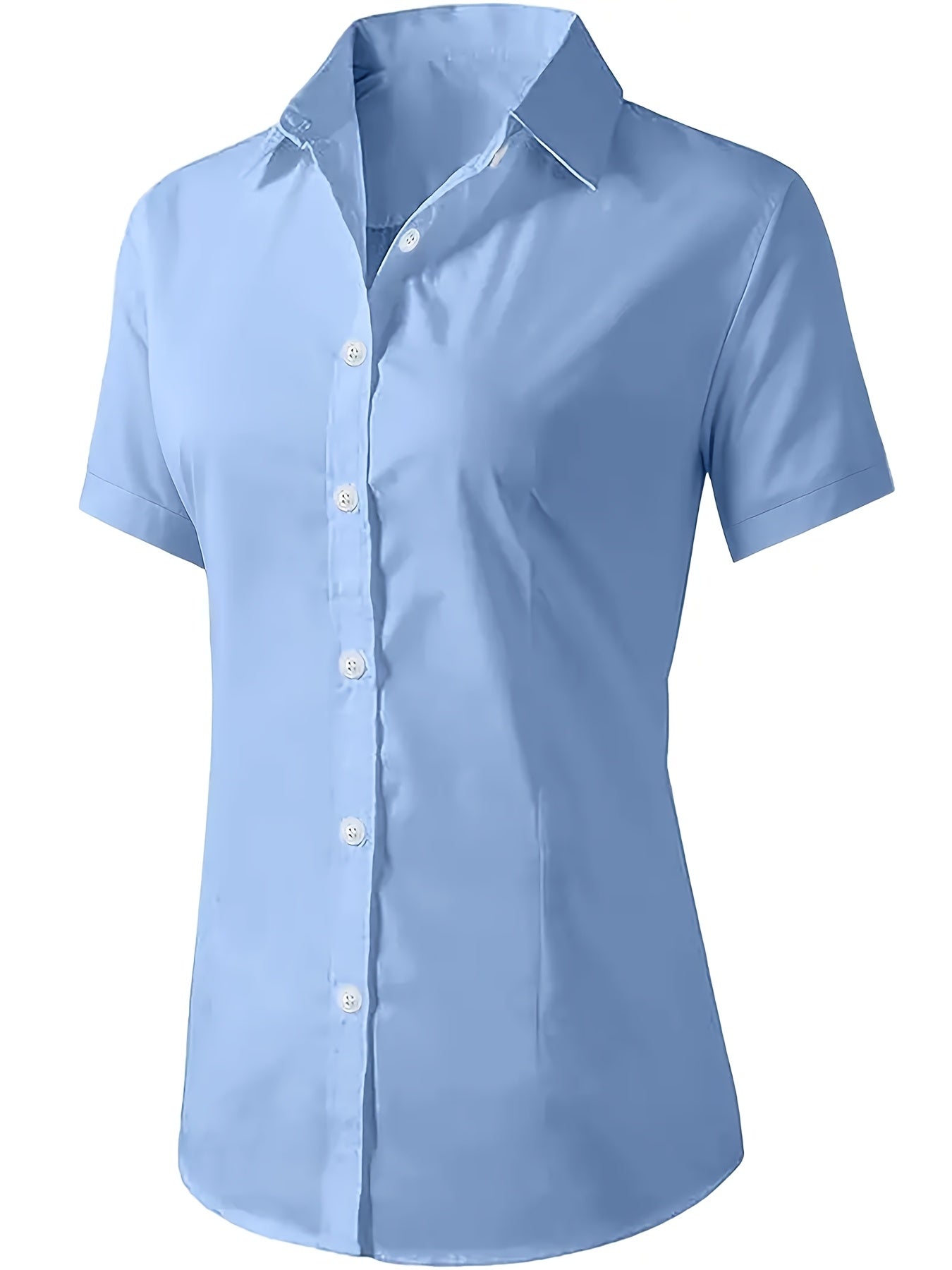 Women'S Elegant Solid Color Short Sleeve Blouse - Light Blue, Fitted Collared Shirt with Button Details, Perfect for Office or Casual Wear, Ladies Blouses