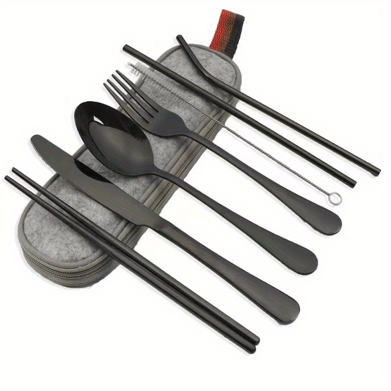 8pcs Portable Utensils, Travel Camping Cutlery Set, Knife Fork Spoon Chopsticks Cleaning Brush Straws Portable Case, Stainless Steel Flatware Set