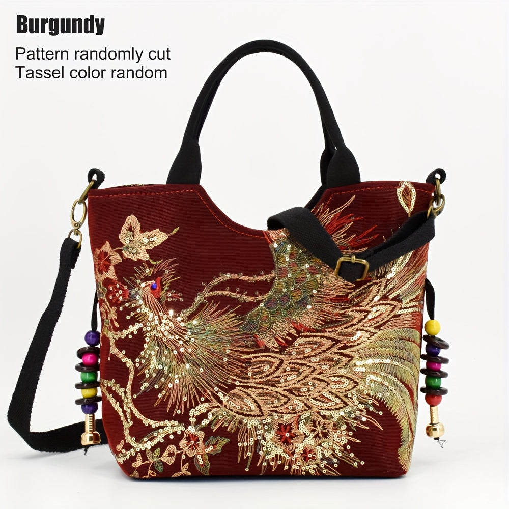 Women's Embroidered Satchel Bag, Fashion Double Handle Purse, Retro Style Handbag With Removable Strap