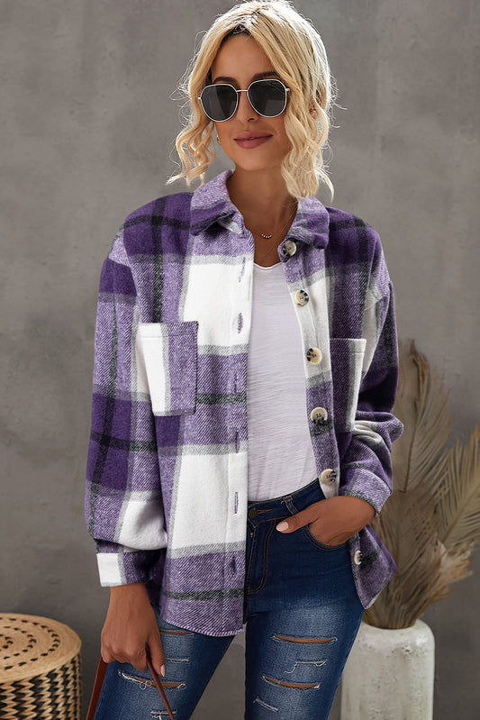 Purple Plaid Color Block Buttoned Long Sleeve Jacket with Pocket