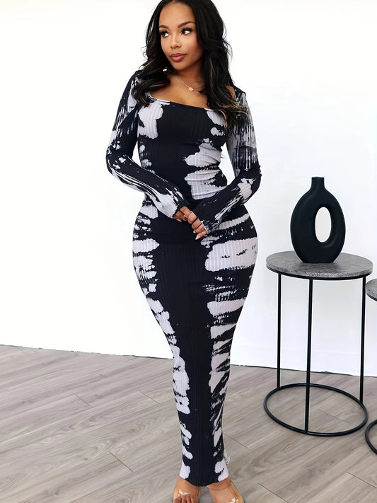 Chic Off-Shoulder Geometric Print Dress with High Slit - Stretchy Polyester & Spandex Blend, Machine Washable - Perfect for Fall/Winter