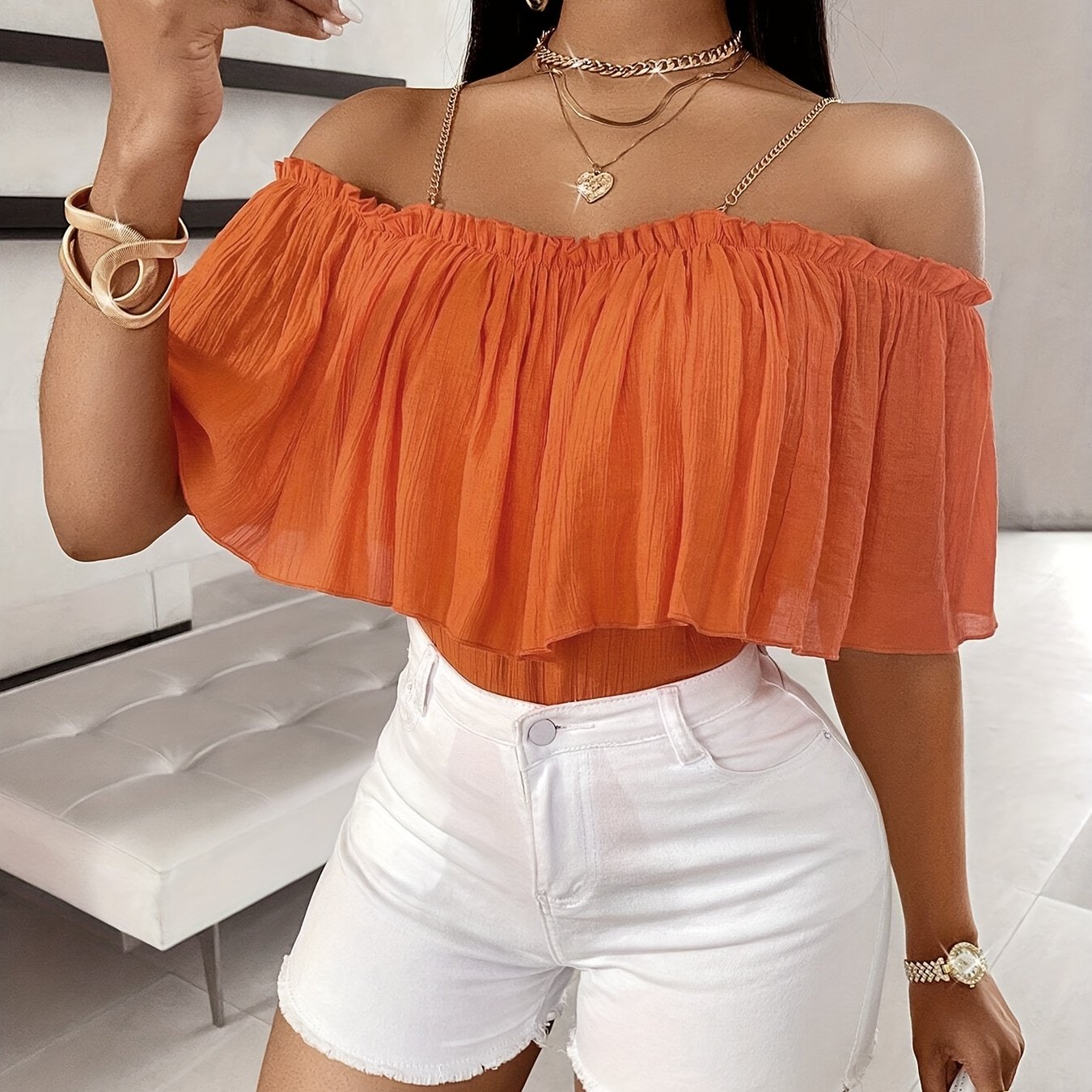 Vibrant Cold Shoulder Ruffle Trim Blouse - Charming Chain Strap, Solid Color, Casual, Spring & Summer Essential, Women's Clothing, Perfect for Outdoor Activities