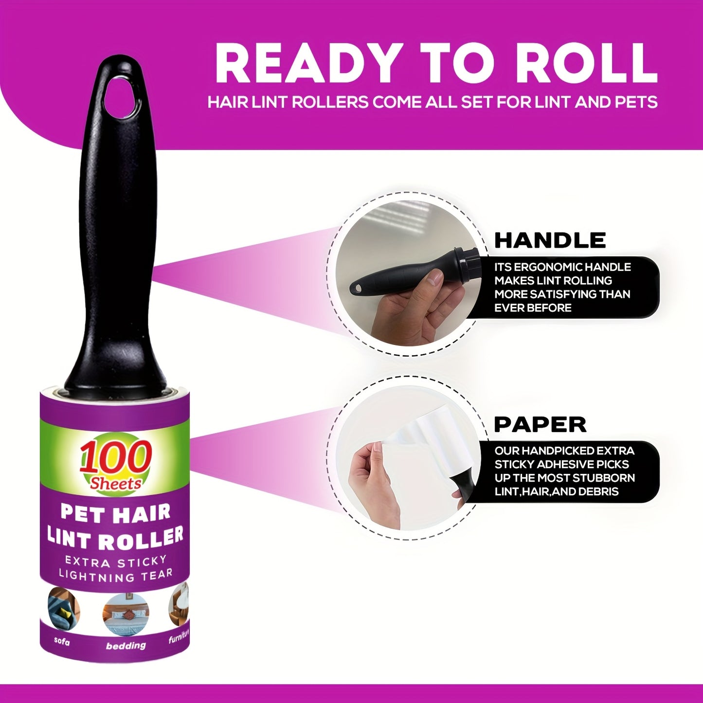 Value Pack of 200/400/800 Sheets of Pet Hair Removal Rollers, Featuring Refillab