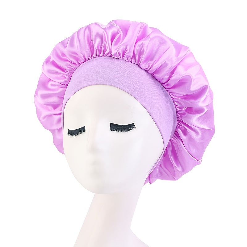 Solid Color Wide Elastic Band Satin Sleep Bonnet Soft Night Sleeping Cap For Women