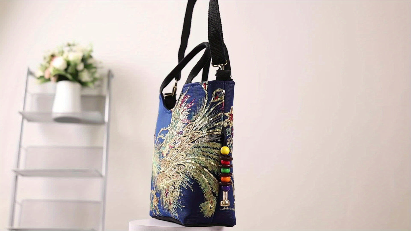 Women's Embroidered Satchel Bag, Fashion Double Handle Purse, Retro Style Handbag With Removable Strap