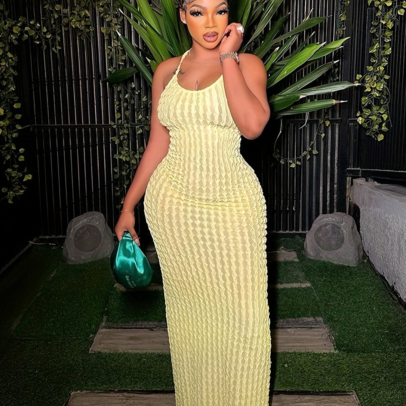 Solid Spaghetti Popcorn Dress, Sexy Backless Dress For Spring & Summer, Women's Clothing