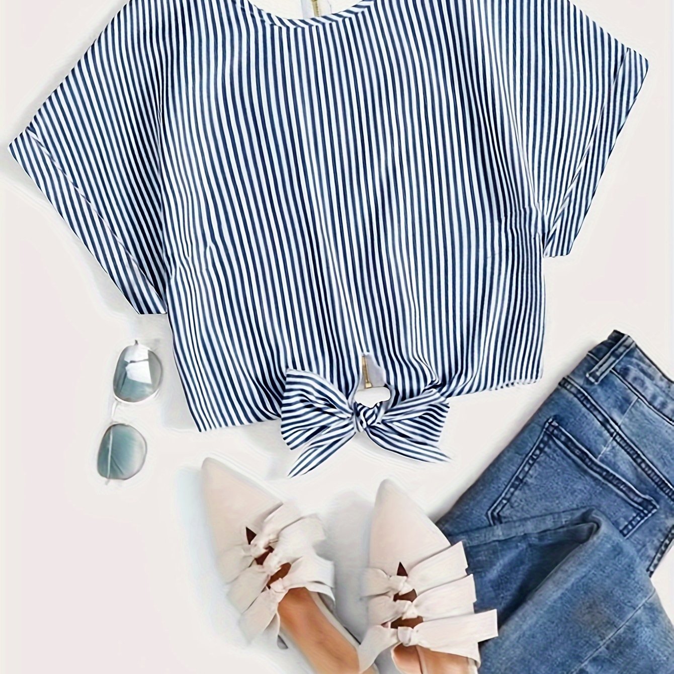Striped Zip Up Knotted Blouse, Elegant Short Sleeve Crop Top For Spring & Summer, Women's Clothing
