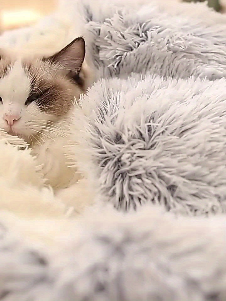 Cozy Luxurious Plush Donut Pet Bed - Hooded, Non-Slip Bottom, Easy to Clean - for Cats & Small Dogs, Perfect for Winter Comfort