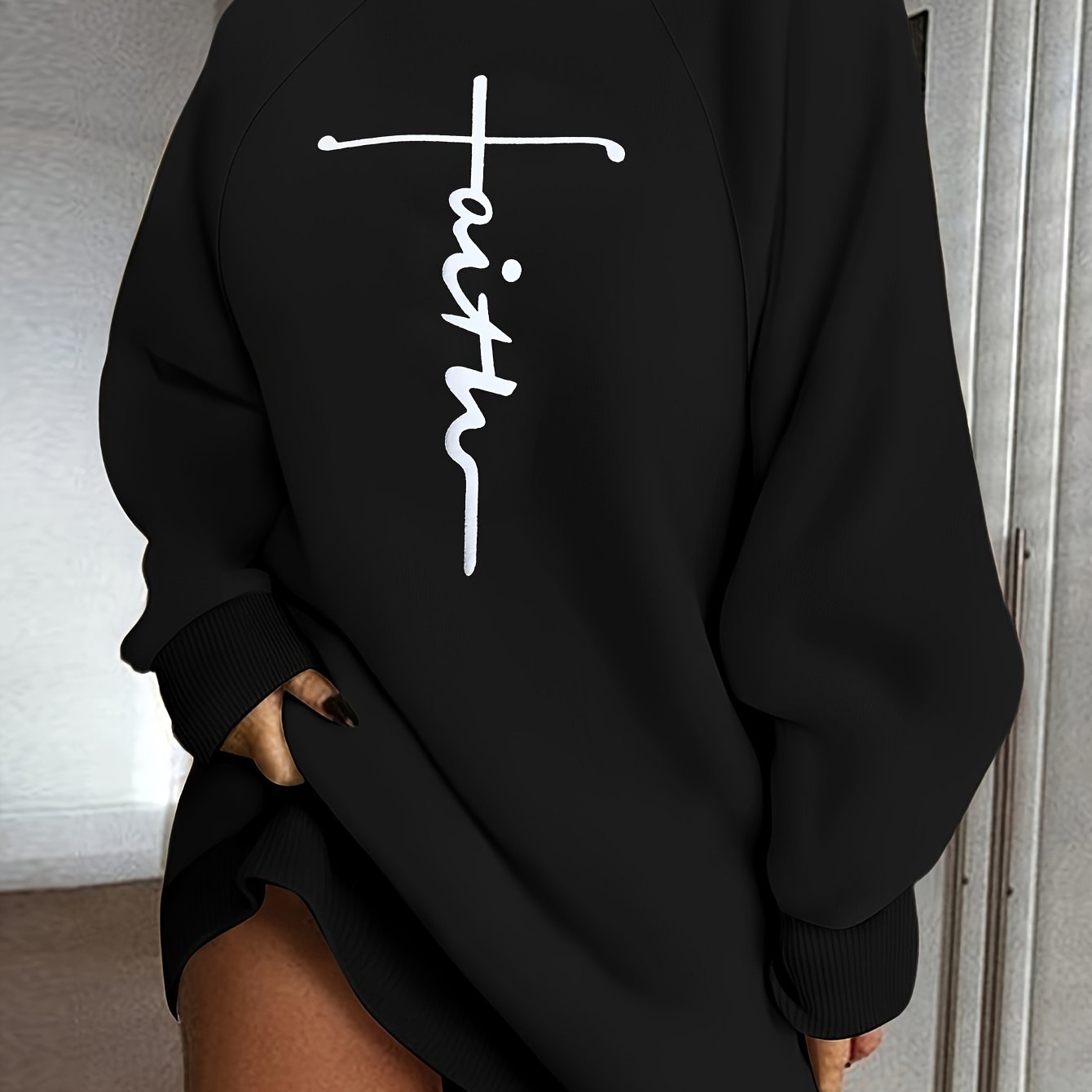 Faith Print Turtleneck Dress, Casual Loose Long Sleeve Dress, Women's Clothing