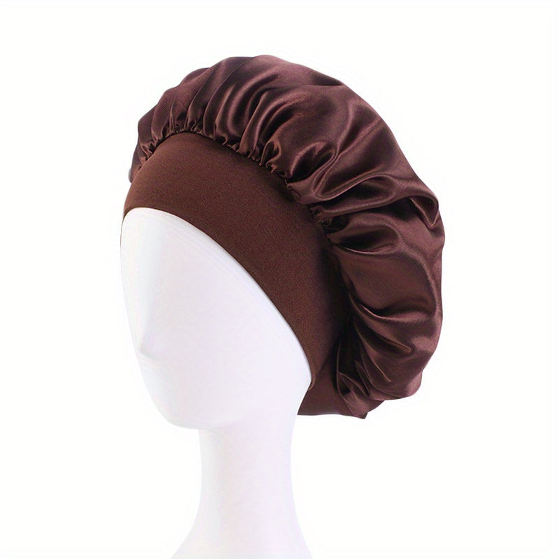 Solid Color Wide Elastic Band Satin Sleep Bonnet Soft Night Sleeping Cap For Women