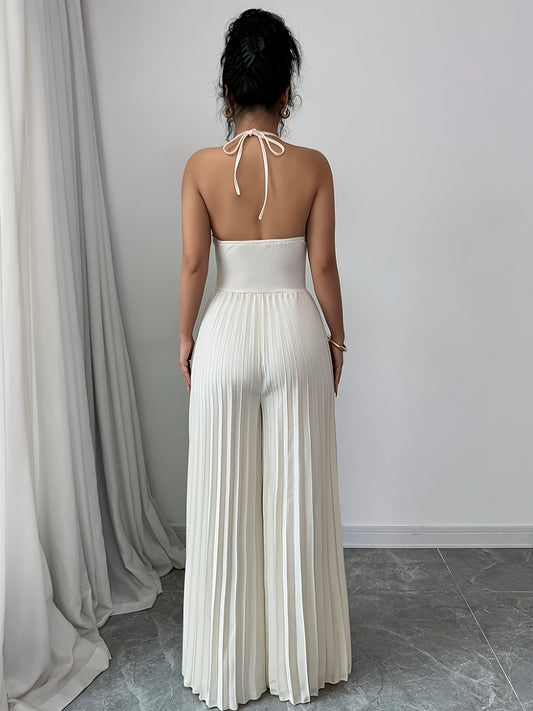Women's Elegant Beige Halter Neck Jumpsuit - Striped Pleated Wide-Leg Romper, Machine Washable All-Season Versatile Outfit for Casual & Formal Events, Formal Attire | Chic Design | Smooth Texture