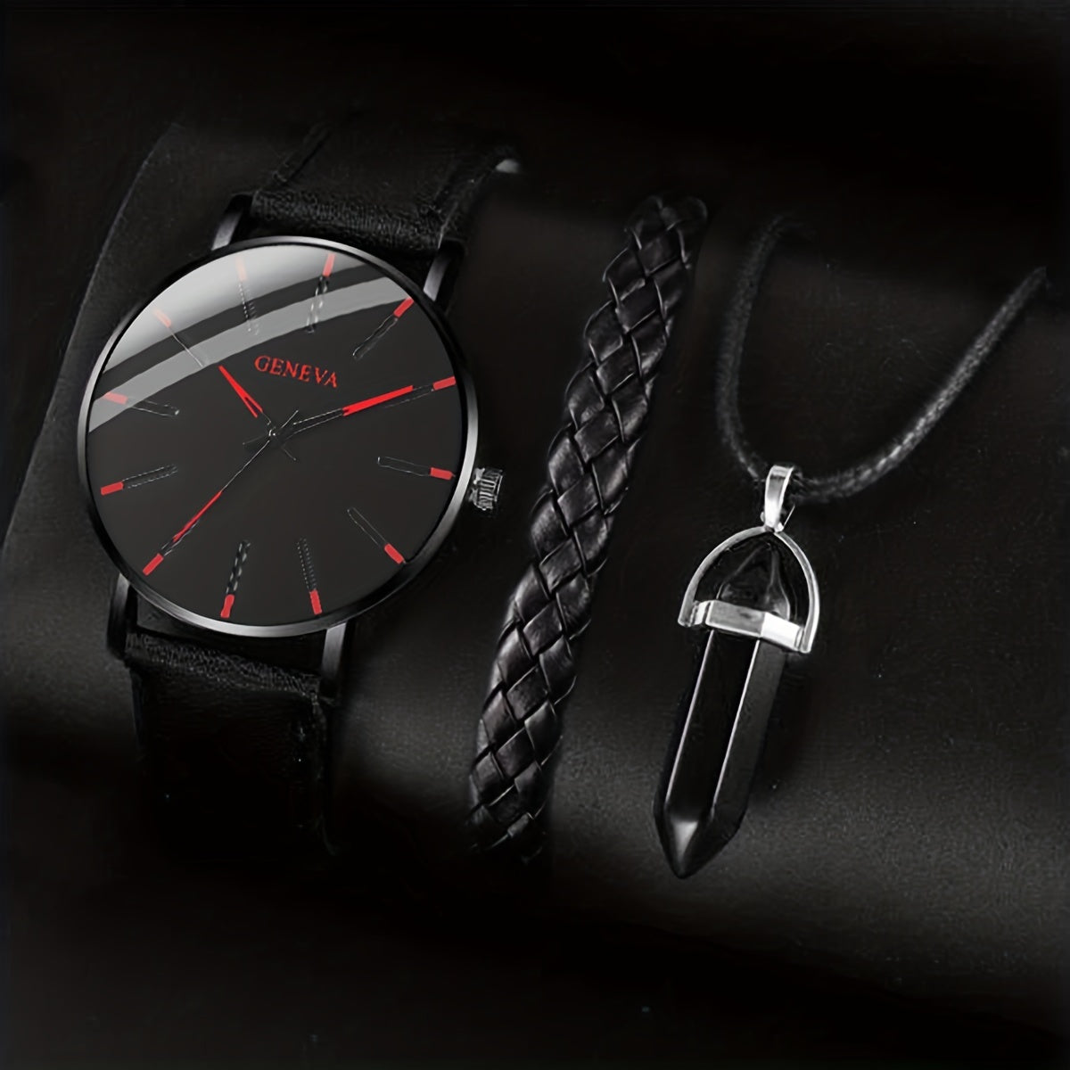 Elegant Men's Quartz Watch with Matching Bracelet and Necklace
