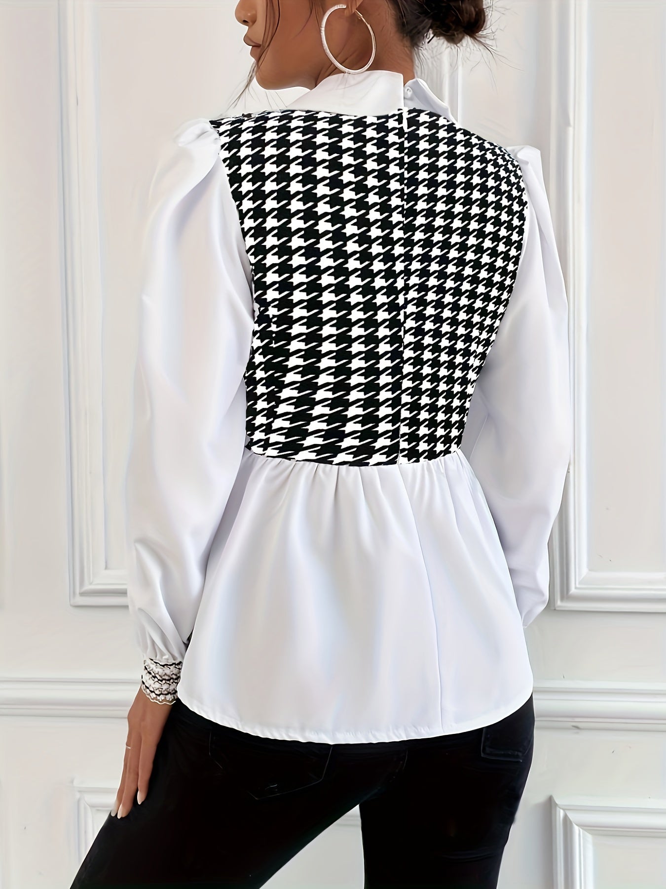 Vibrant Plaid Puff Sleeve Blouse - Elegant Color Block Design, Slim Fit, Comfortable Wear for Spring & Fall Seasons - Womens Stylish Clothing for Everyday Wear