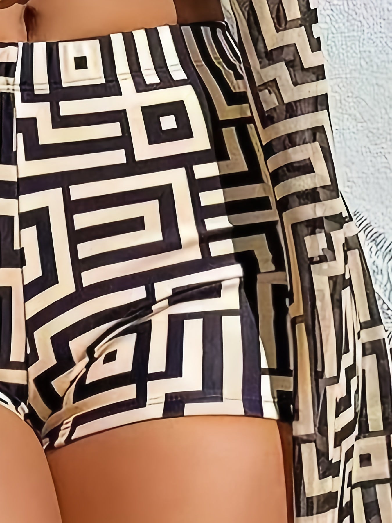 Women's Geometric Print Three-Piece Swimsuit Set with Long Sleeve Beach Cover-Up, Polyester Knit Fabric with Elastane, Medium Stretch, Chic Bikini Set for Swimming and Beachwear