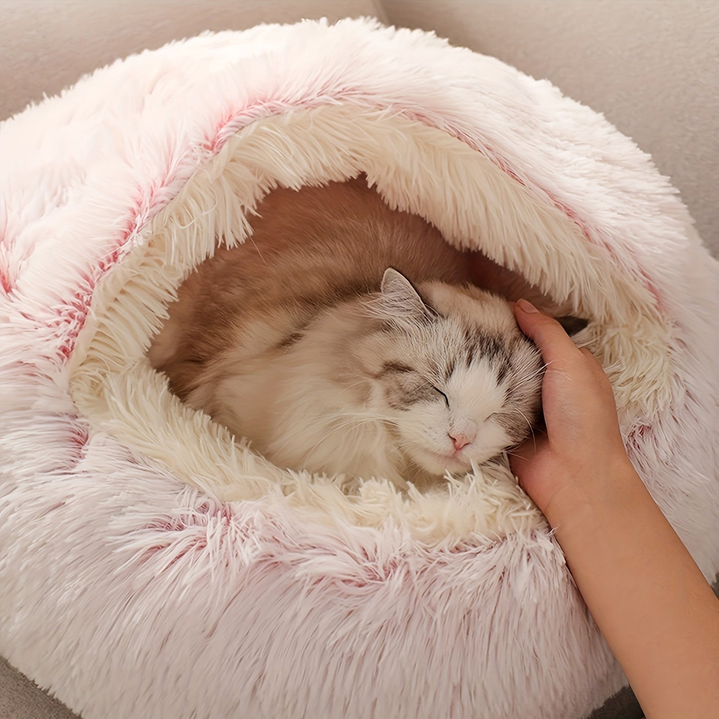 Cozy Luxurious Plush Donut Pet Bed - Hooded, Non-Slip Bottom, Easy to Clean - for Cats & Small Dogs, Perfect for Winter Comfort