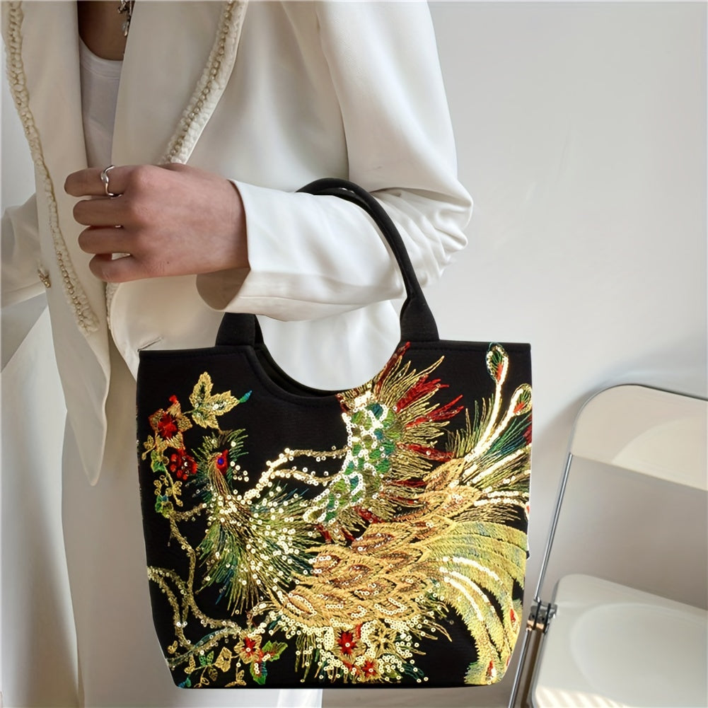 Women's Embroidered Satchel Bag, Fashion Double Handle Purse, Retro Style Handbag With Removable Strap