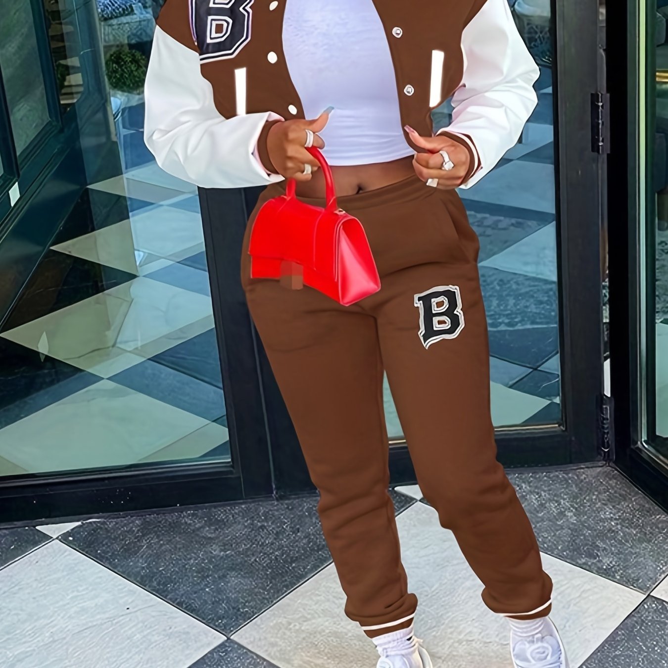 Trendy Letter Print Womens Two-Piece Set - Color Block Bomber Jacket with Slant Pockets & Chic Pants Outfit - Casual & Comfortable Clothing