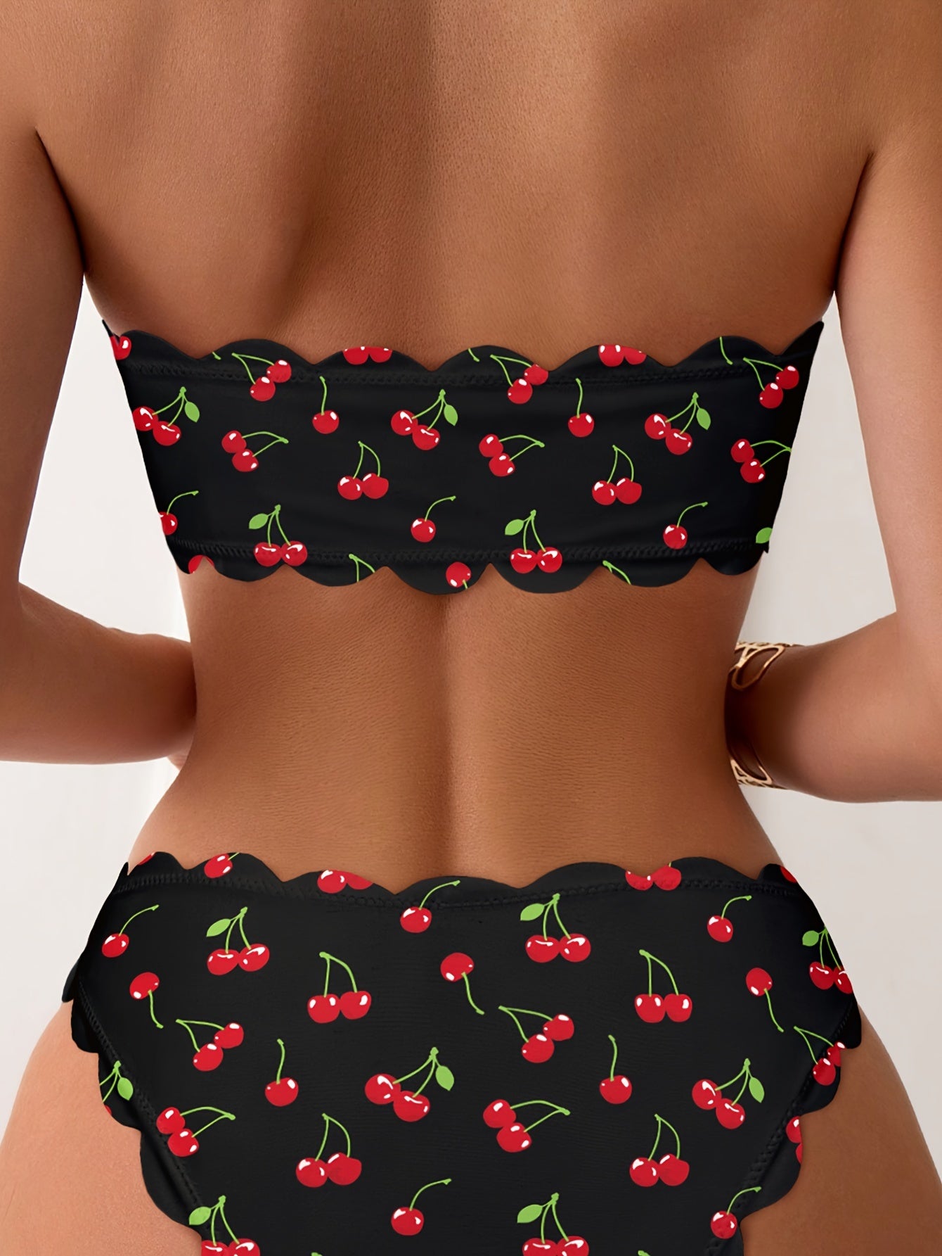 2 Piece Cherry Print Lace Up Scallop Trim Bandeau Strapless Bikini Set - High Stretch Polyester Swimsuit with Cross Strape, Random Fruit Print, and Hand Washable - Customized Knit Fabric Womens Swimwear