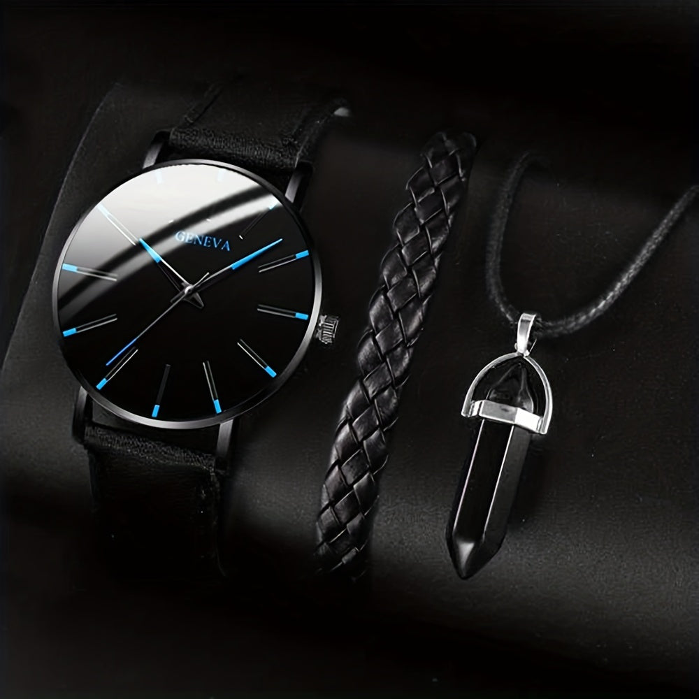 Elegant Men's Quartz Watch with Matching Bracelet and Necklace