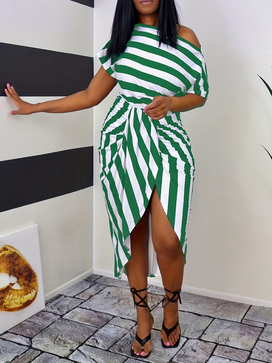 Striped Off Shoulder Dress, Casual Asymmetrical Short Sleeve Dress, Women's Clothing