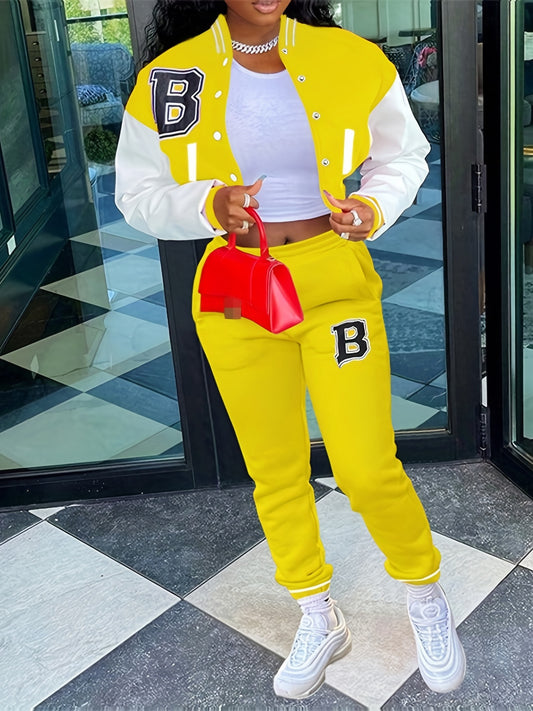 Trendy Letter Print Womens Two-Piece Set - Color Block Bomber Jacket with Slant Pockets & Chic Pants Outfit - Casual & Comfortable Clothing