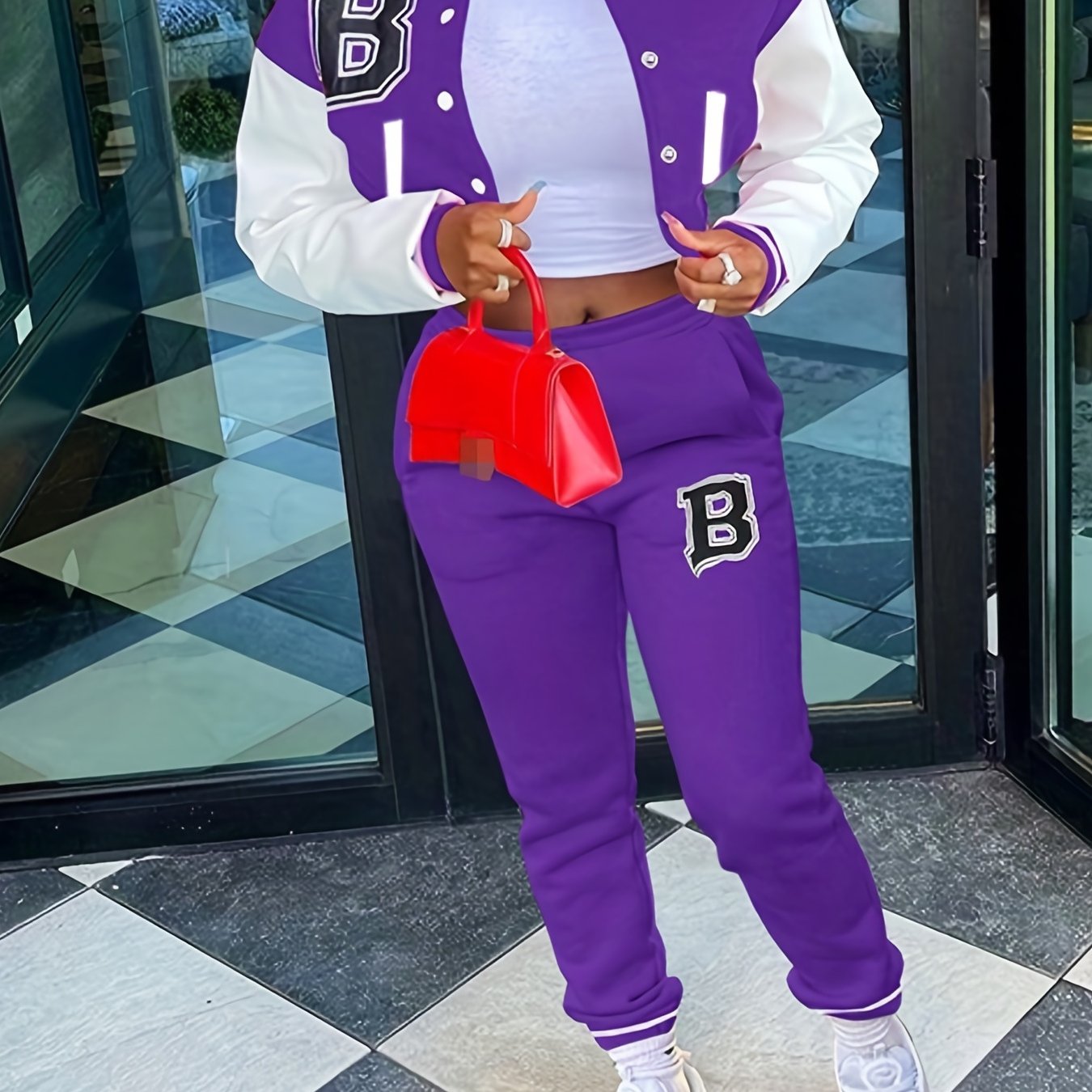 Trendy Letter Print Womens Two-Piece Set - Color Block Bomber Jacket with Slant Pockets & Chic Pants Outfit - Casual & Comfortable Clothing