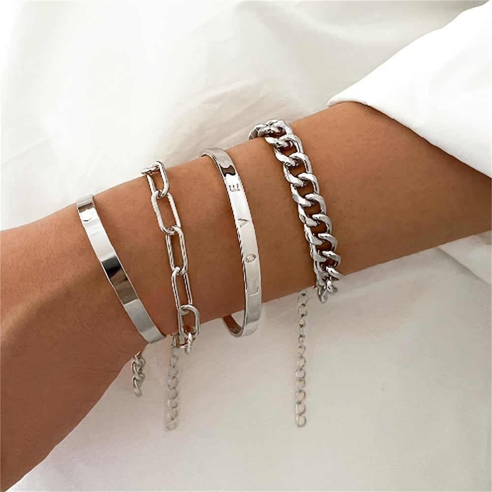 4 Pcs/Set Multilayer Hand Jewelry Decorative Simple Chain & Bangle Bracelet Set for Women - Stylish Party Clothing Accessory - Durable Handcrafted Design - Perfect Gift Idea
