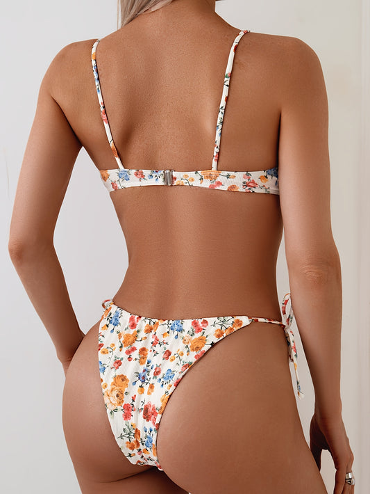 UFJUFJ Women'S Floral Print Split-Back Swimsuit - High-Stretch Ruched Bikini with Adjustable Straps, Vibrant Orange & Blue Flower Design for Beach & Pool, Beach Swimwear, Poolside Attire, Ruched Swimwear, Comfortable Fit