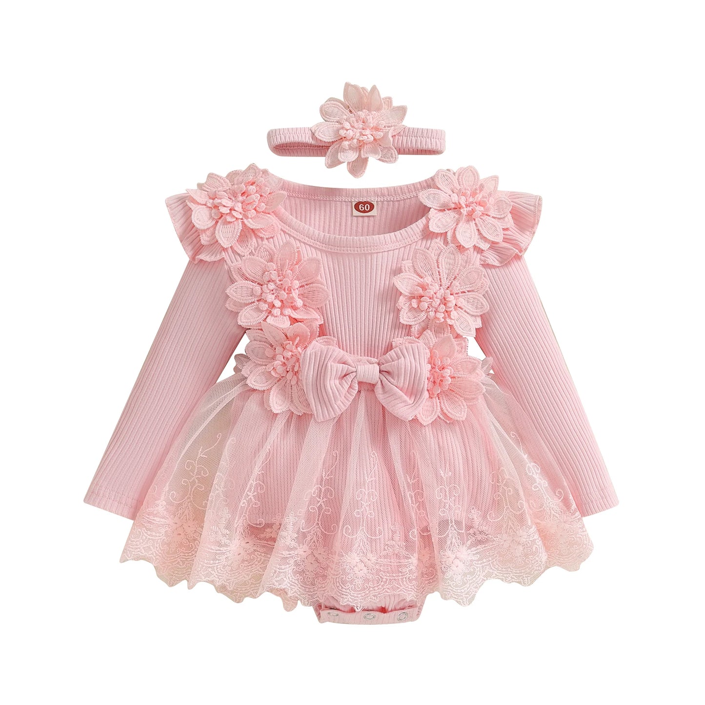 3D Flower Summer Baby Girls Romper Princess Mesh Newborn Clothes Lace Patchwork Ruffle Bodysuit Dress Headband Kids Clothing