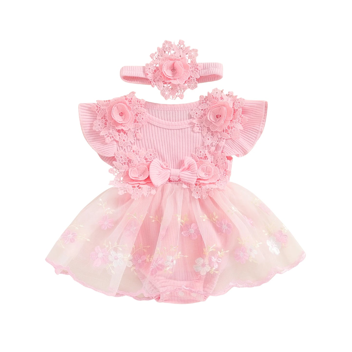 3D Flower Summer Baby Girls Romper Princess Mesh Newborn Clothes Lace Patchwork Ruffle Bodysuit Dress Headband Kids Clothing