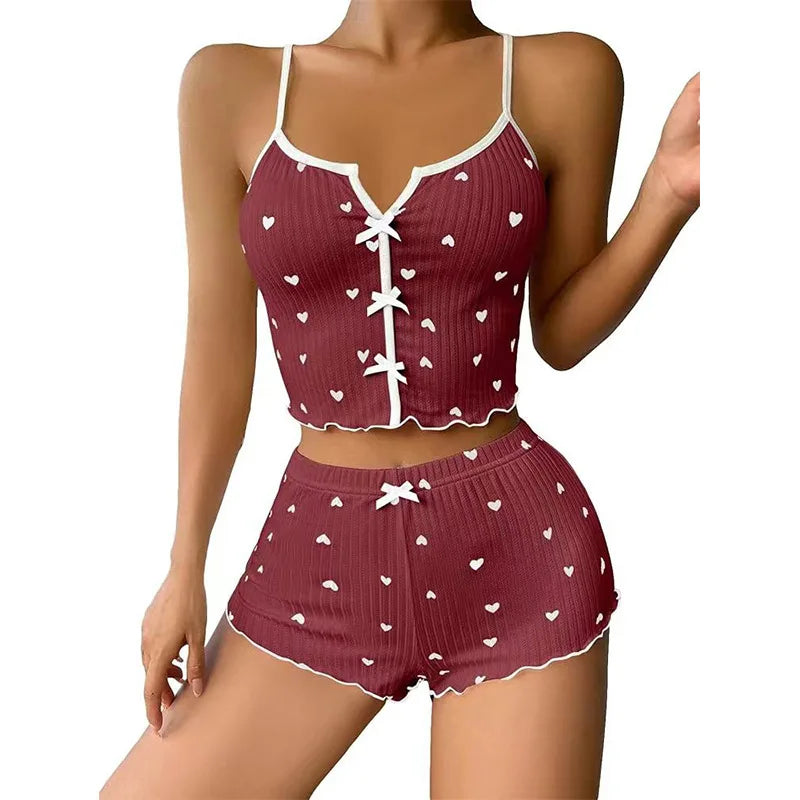 Home Suit Loungewear Heart Print Silk Stain V-Neck Sleeveless Casual Cami Top and Shorts Sets Sexy Sleepwear Women Pajamas Set