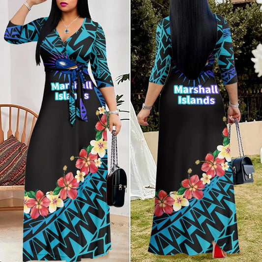 Luxury Marshall Islands Pattern Long Dress for Women Casual 3/4 Sleeve Dresses Maxi Dress Empire Waist Loose with Belt Wholesale