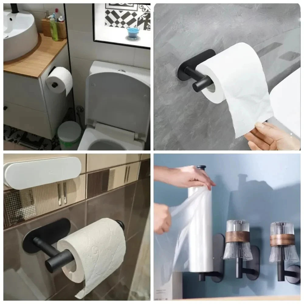 Self-Adhesive plastic Bathroom Towel Rack Holder Kitchen & Toilet Paper Roll Storage Multi-Functional Wall-Mounted Shelf