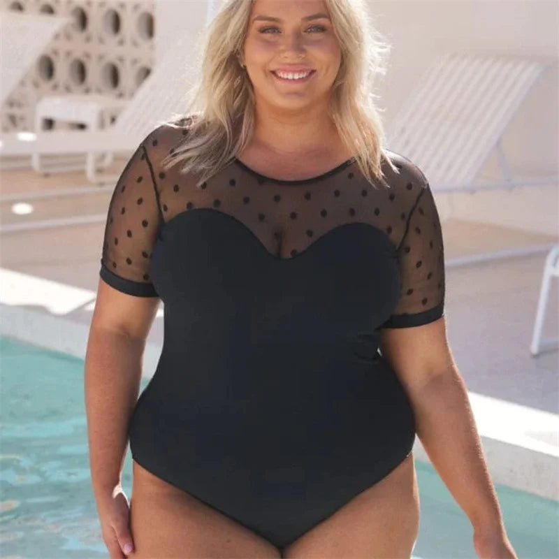 Women's Swimsuit Plus Size One-piece Female Fused Mesh Short Sleeve Beachwear Black Swimwear for Big Breasts Bathing Suit