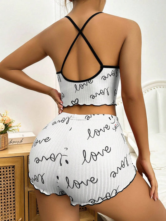 Summer Women's Pajama Set Striped Knit Smiley Print V-Neck Vest & Elastic Shorts 2-Piece Comfortable Sleepwear 
