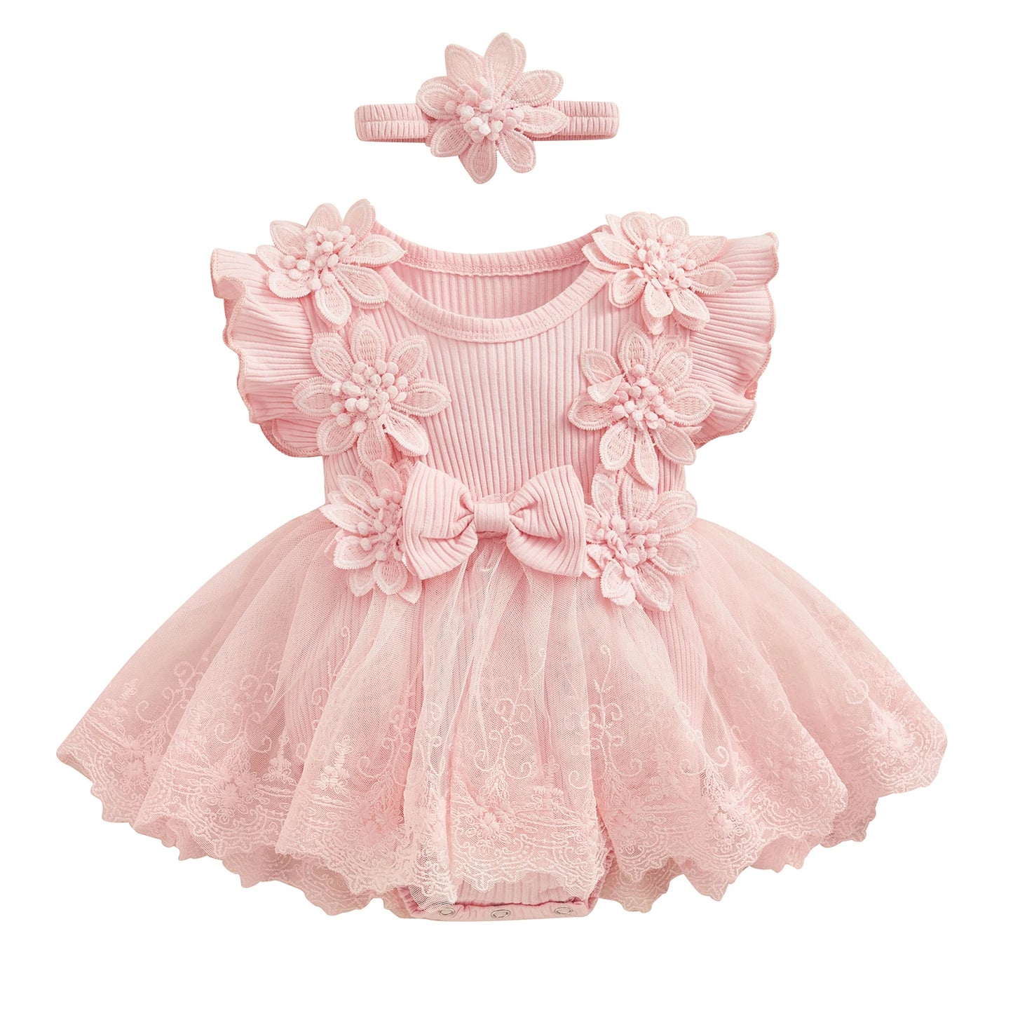 3D Flower Summer Baby Girls Romper Princess Mesh Newborn Clothes Lace Patchwork Ruffle Bodysuit Dress Headband Kids Clothing