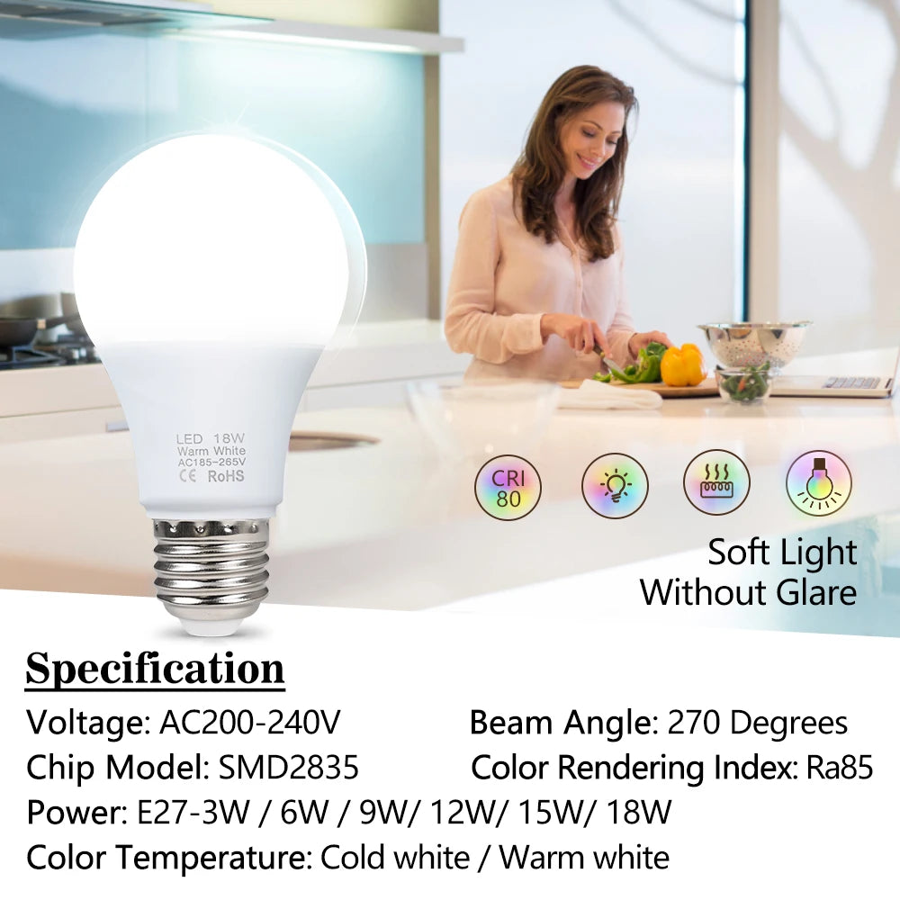 4pcs/lot E27 LED Bulb Lamps AC 220V SMD2835 3W 6W 9W 12W 15W 18W Lampada Led Lig