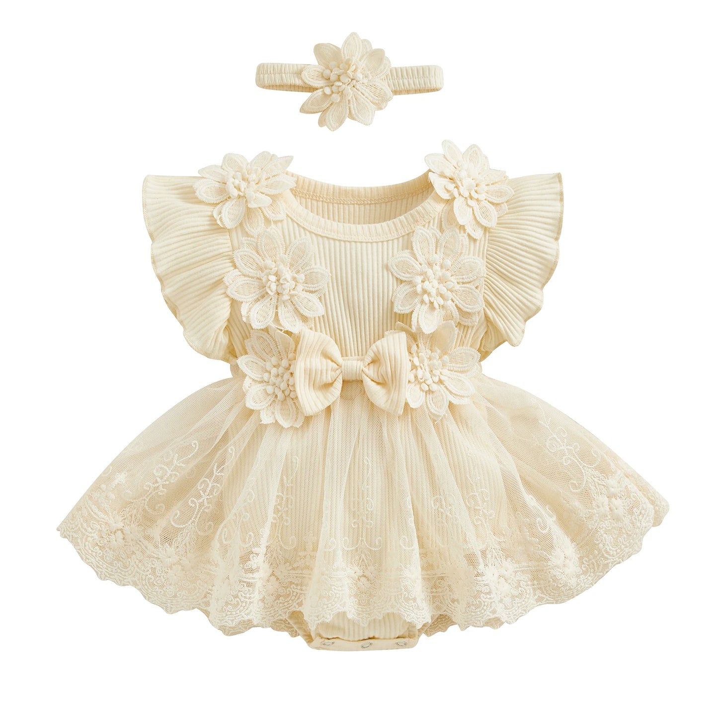3D Flower Summer Baby Girls Romper Princess Mesh Newborn Clothes Lace Patchwork Ruffle Bodysuit Dress Headband Kids Clothing