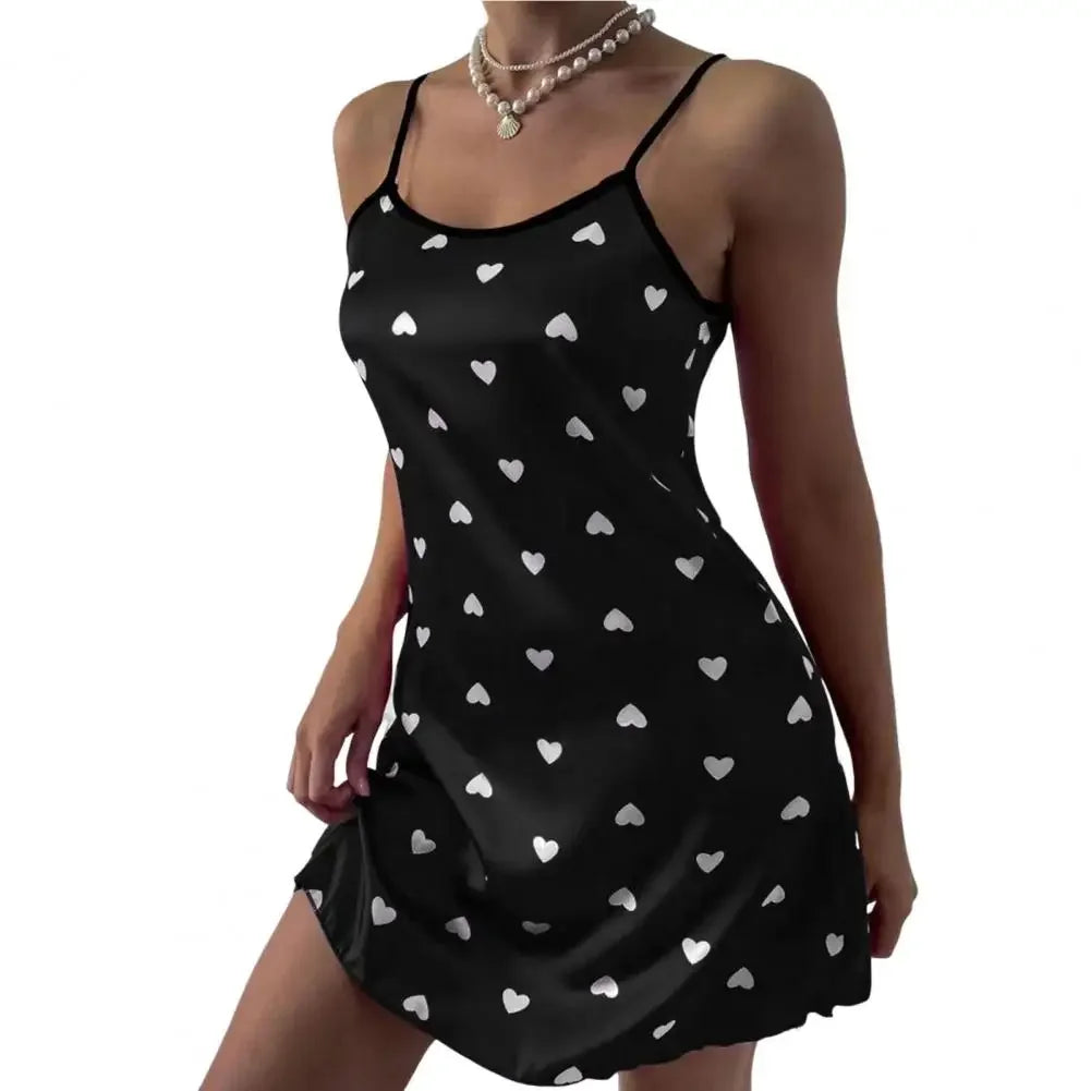 Sexy Women Nightdress Heart Print Pullover Comfortable Satin Smooth Surface Women Nightwear Sleeping Sleepwear