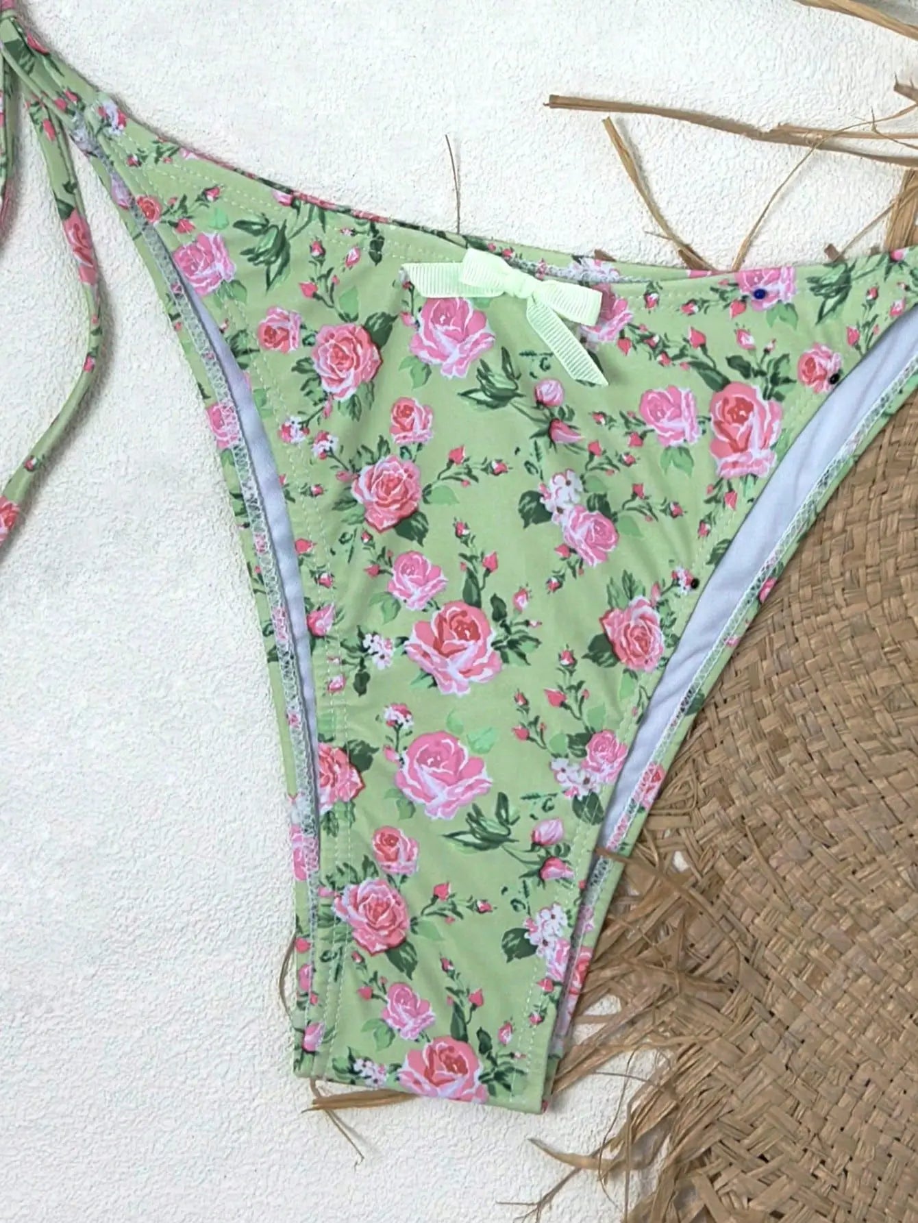 Sexy Triangular Print Bikini Two-Piece Swimsuit with Bow Tie Strap Polyester Fabric Floral Pattern Small Fresh Style for Women