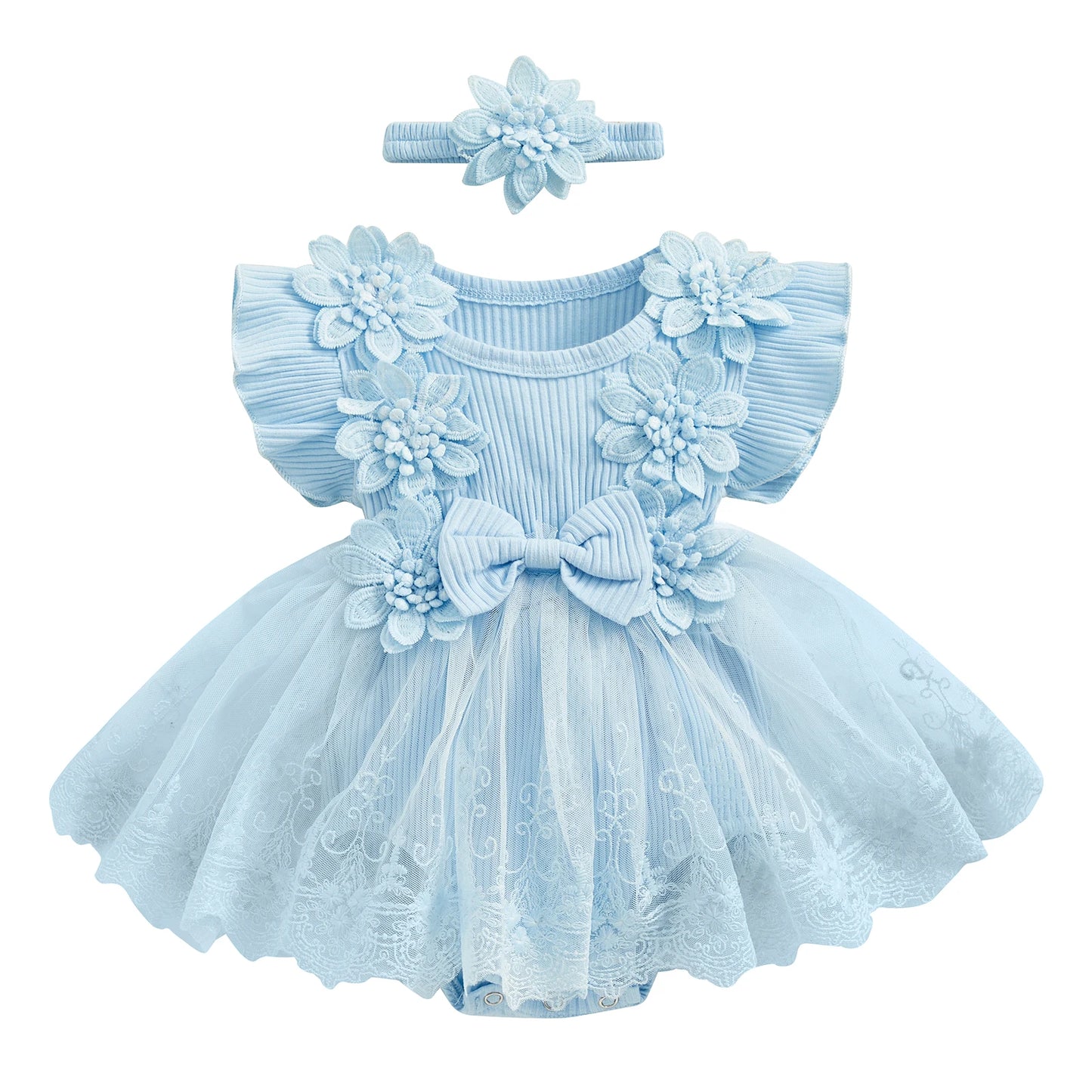 3D Flower Summer Baby Girls Romper Princess Mesh Newborn Clothes Lace Patchwork Ruffle Bodysuit Dress Headband Kids Clothing