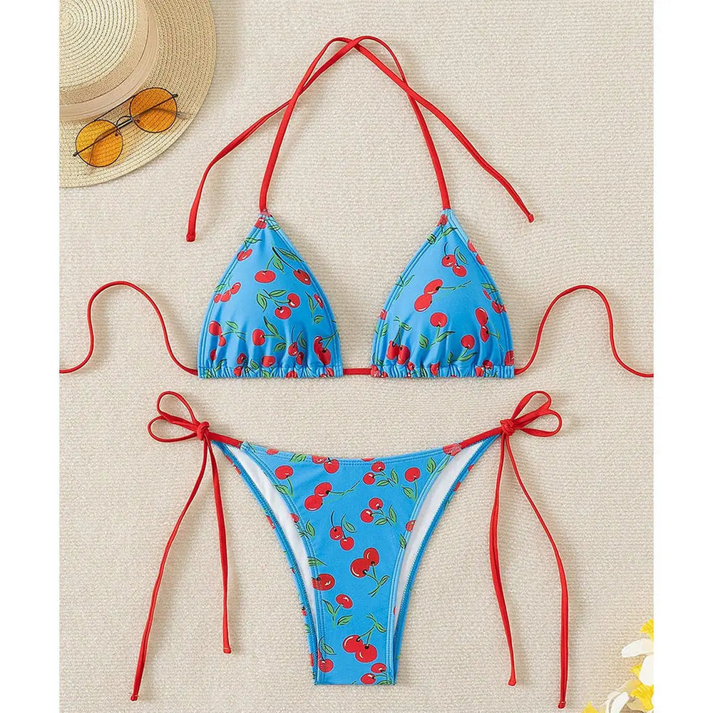 Women's Cherry Print Two Piece Swimsuit Sexy Triangle Bra Mini Bikini Set Suspender Halter Backless Beach Vacation Swimwear 2025