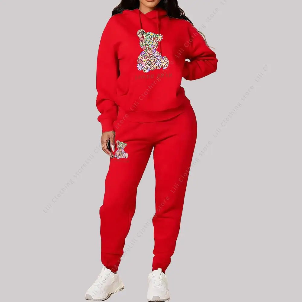 Women's Sets Hoodies Pants Outfits Suit 2025 New Sportswear Sweatsuit Bear Graphic Letter Print Aesthetic Trend Ladies Tracksuit
