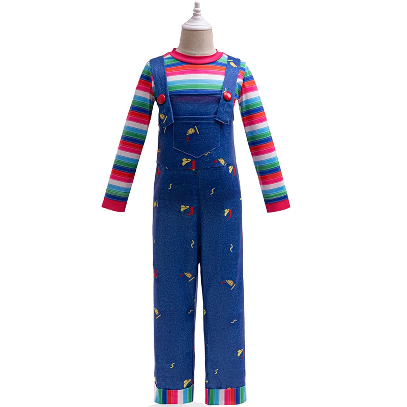 Chucky Cosplay Costume Kids Clothing Baby Set 1-8 Year New Fashion Long sleeved Striped T-shirt+Backband Pants Two Piece Set