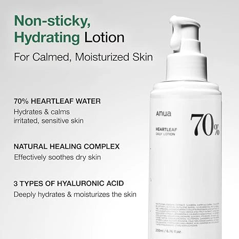 Anua Heartleaf 70 Lotion, Face Moisturizer with Hyaluronic Acid for Sensitive Skin, Lightweight, Korean Skin Care