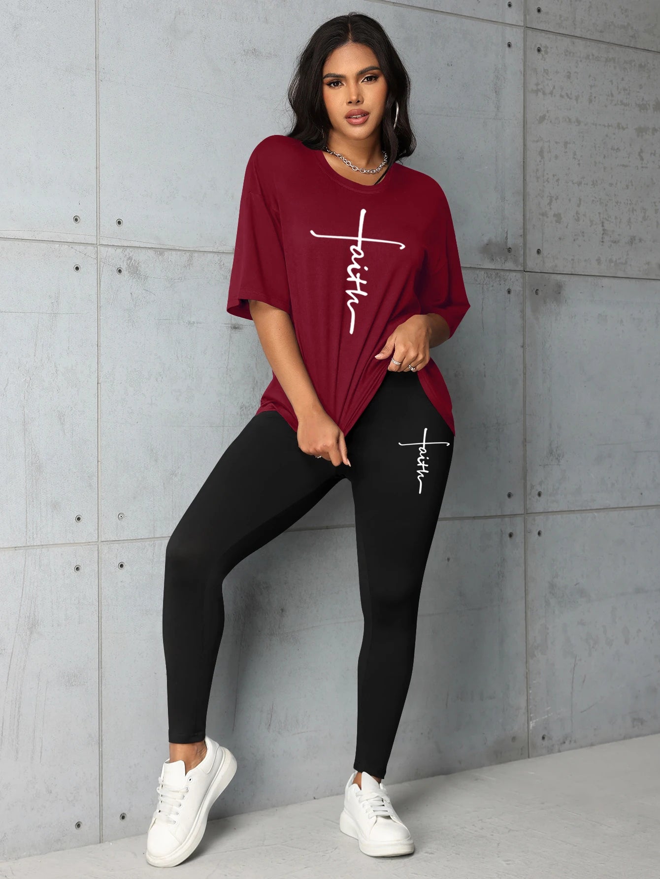 Women's summer fashion all-match Faith letter print loose large size T-shirt leggings two-piece set Short sleeves and long pants