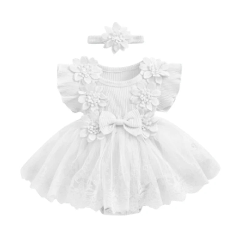 3D Flower Summer Baby Girls Romper Princess Mesh Newborn Clothes Lace Patchwork Ruffle Bodysuit Dress Headband Kids Clothing