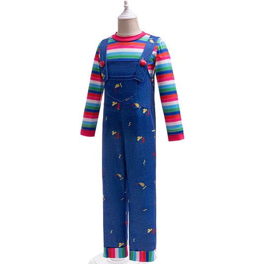 Chucky Cosplay Costume Kids Clothing Baby Set 1-8 Year New Fashion Long sleeved Striped T-shirt+Backband Pants Two Piece Set